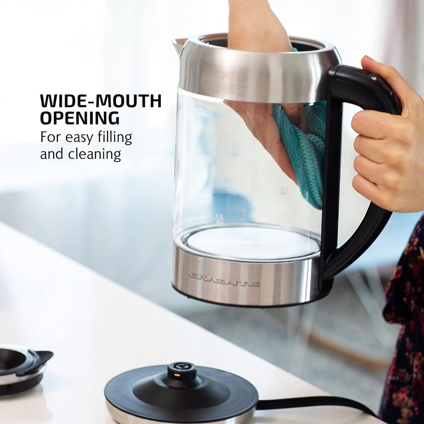 OVENTE 7-Cup 1.7 l Silver Glass Electric Kettle with ProntoFill Technology-Fill Up with Lid On