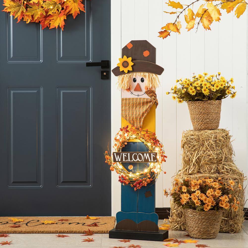 Glitzhome 42 in. H Fall Lighted Wooden Scarecrow Porch Decor with Wreath