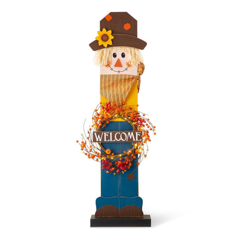 Glitzhome 42 in. H Fall Lighted Wooden Scarecrow Porch Decor with Wreath