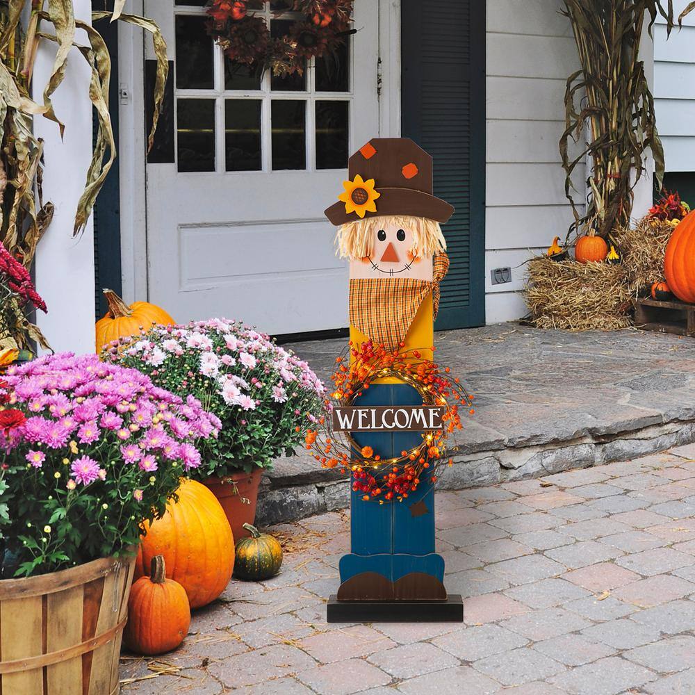 Glitzhome 42 in. H Fall Lighted Wooden Scarecrow Porch Decor with Wreath