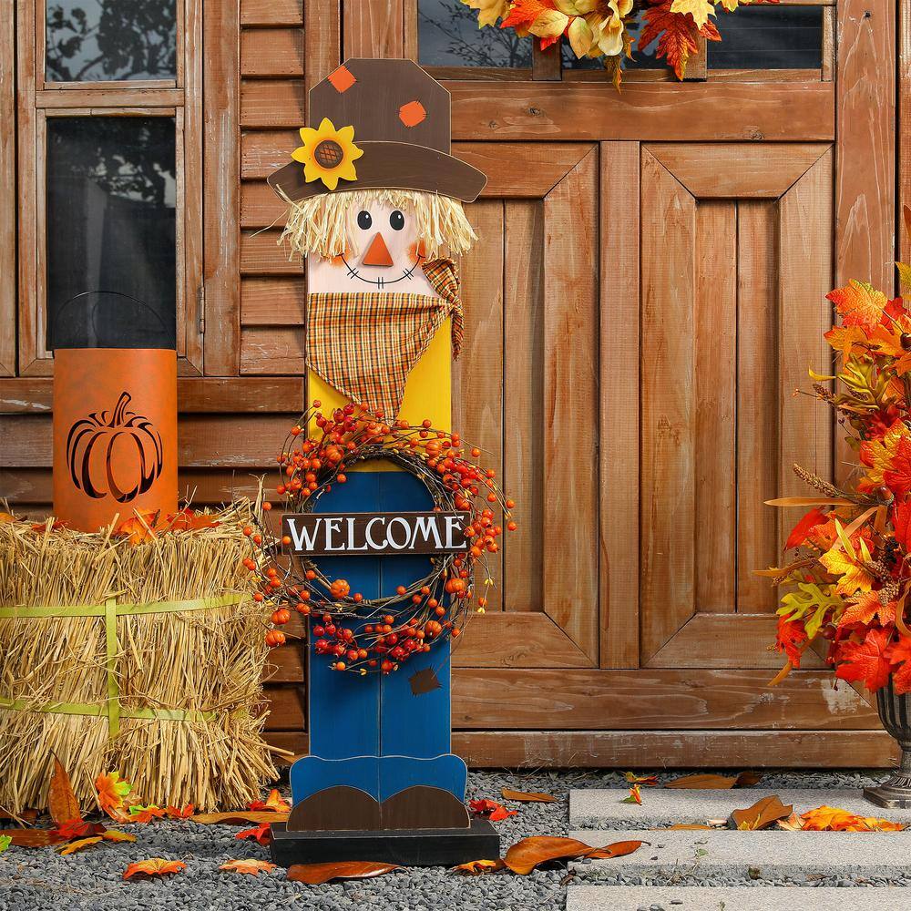 Glitzhome 42 in. H Fall Lighted Wooden Scarecrow Porch Decor with Wreath