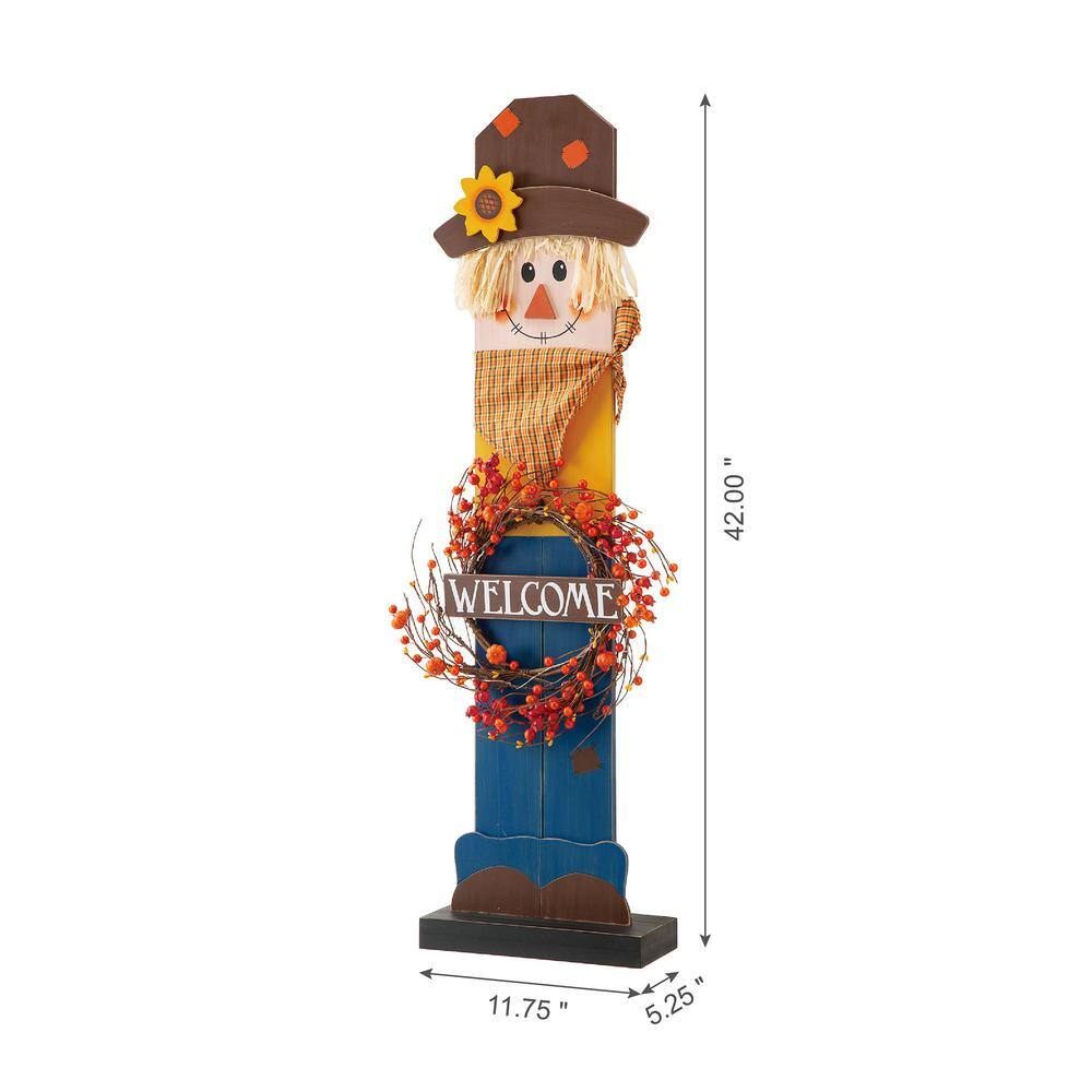 Glitzhome 42 in. H Fall Lighted Wooden Scarecrow Porch Decor with Wreath