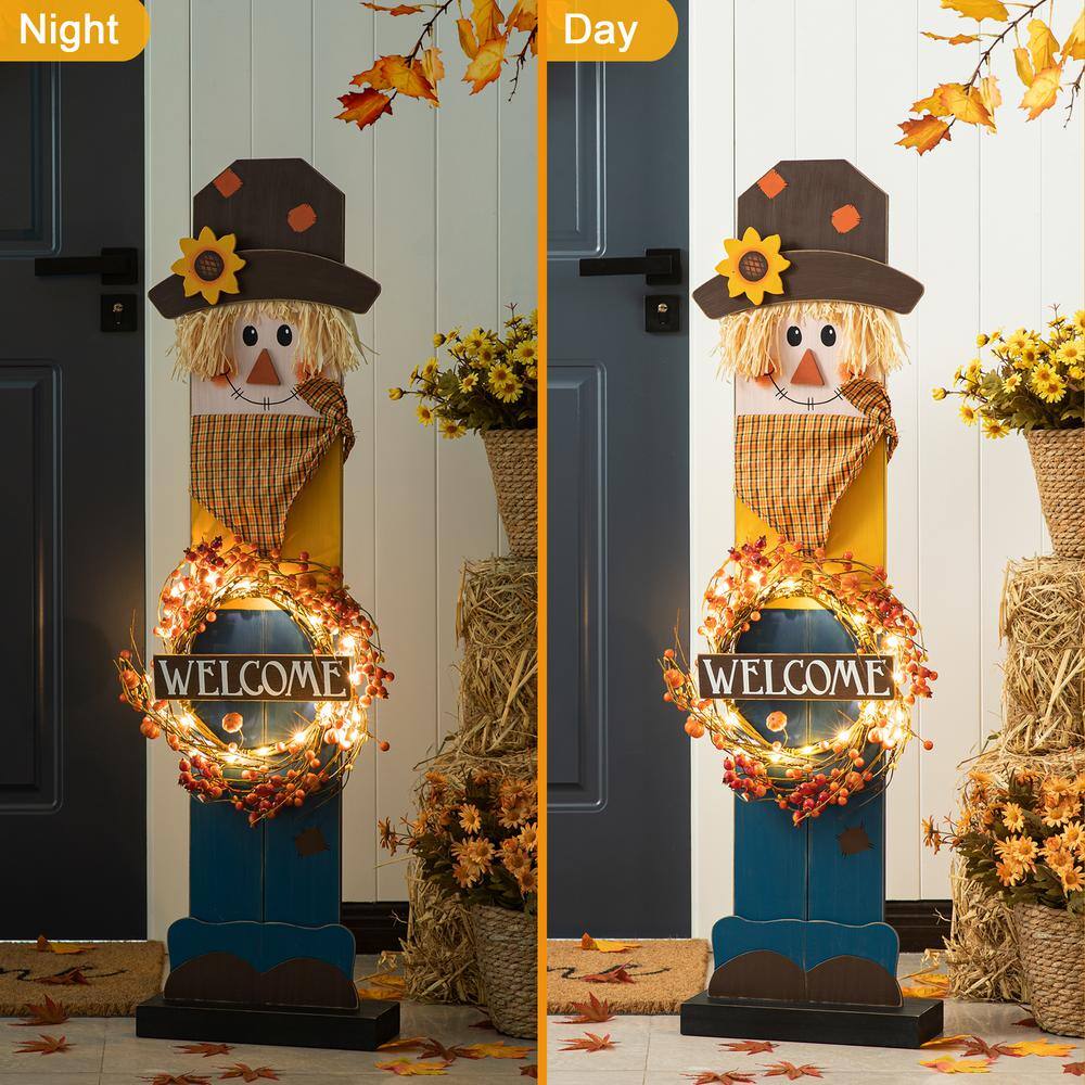 Glitzhome 42 in. H Fall Lighted Wooden Scarecrow Porch Decor with Wreath