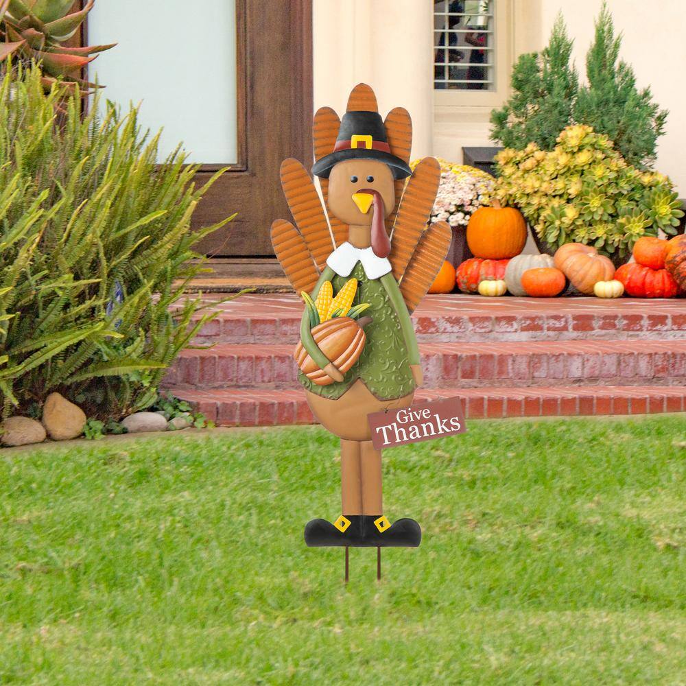 Glitzhome 36 in. H Thanksgiving Metal Turkey Yard Stake, Standing Decor or Hanging Decor (3 function)