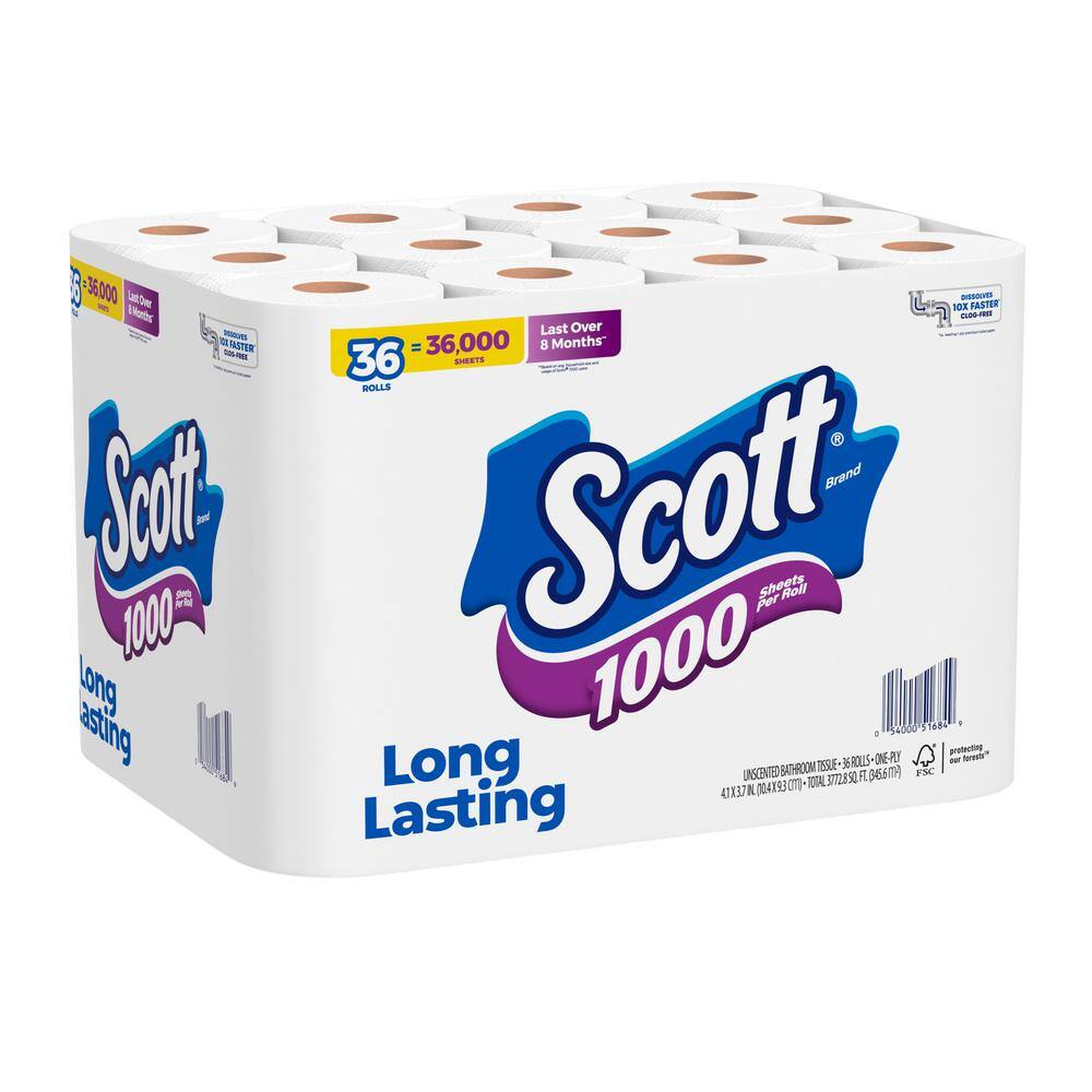 Scott 1-Ply White 1000-Sheet Toilet Paper(1000 Sheets Per Roll 36 Rolls Per Pack)