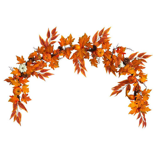 Nearly Natural 6 ft. Orange Assorted Autumn Maple Leaves, Pumpkins, Gourds, Berries and Pinecone Artificial Fall Garland