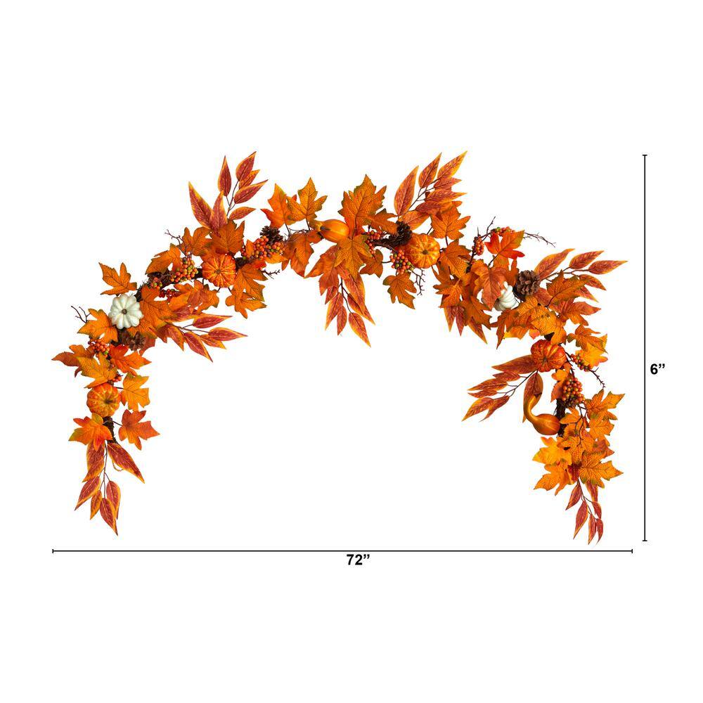 Nearly Natural 6 ft. Orange Assorted Autumn Maple Leaves, Pumpkins, Gourds, Berries and Pinecone Artificial Fall Garland