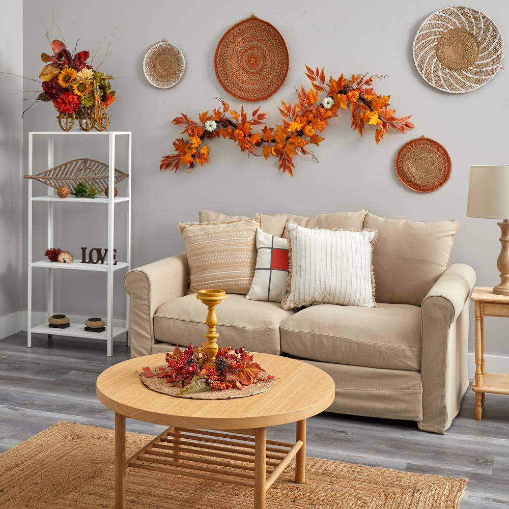 Nearly Natural 6 ft. Orange Assorted Autumn Maple Leaves, Pumpkins, Gourds, Berries and Pinecone Artificial Fall Garland