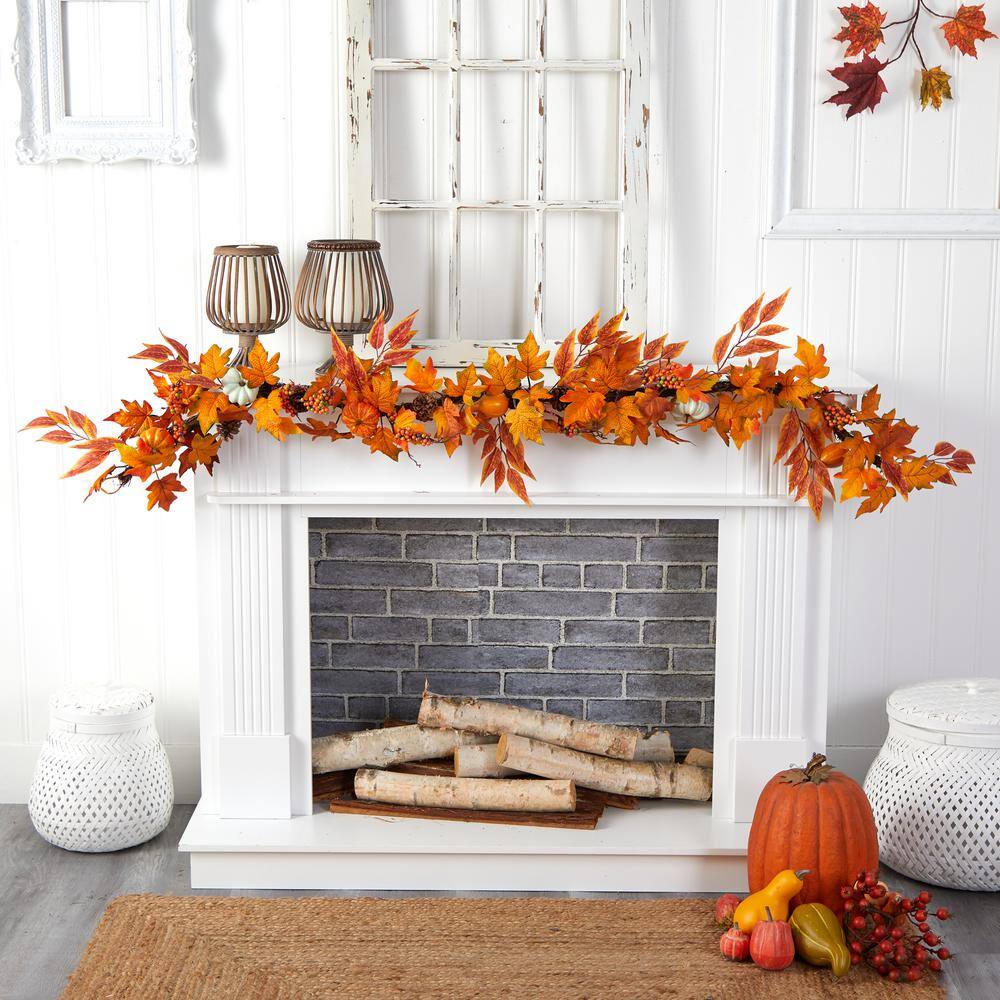 Nearly Natural 6 ft. Orange Assorted Autumn Maple Leaves, Pumpkins, Gourds, Berries and Pinecone Artificial Fall Garland