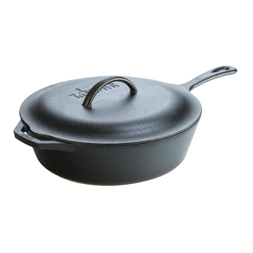 Lodge 12 in. Cast Iron Deep Skillet in Black with Lid