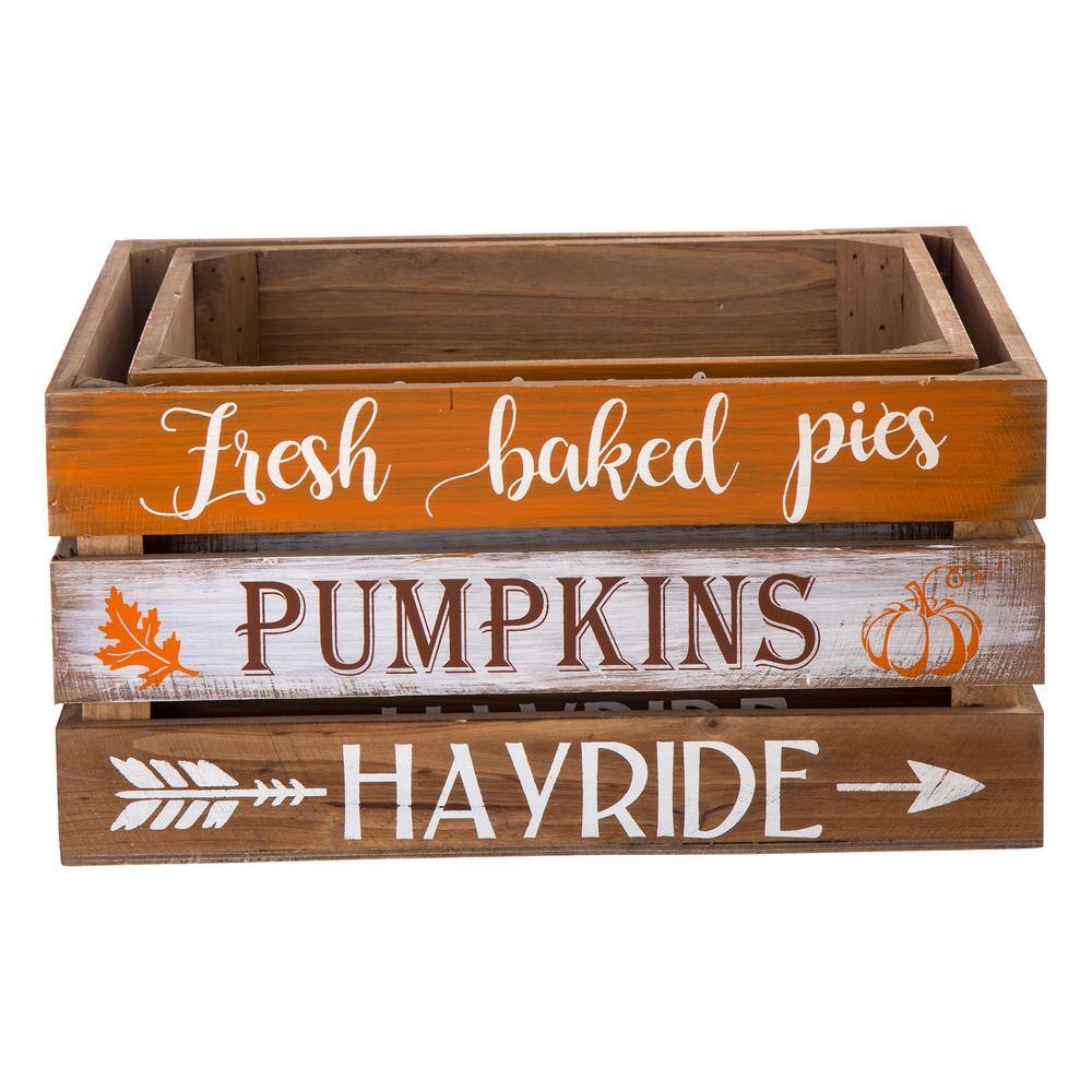 Glitzhome Wooden Pumpkin Crate, L:13.94 in. L, 12.01 in. W, 6.89 in. H, S:11.97 in. L,10.00 in. W, 6.77 in. H Set of 2