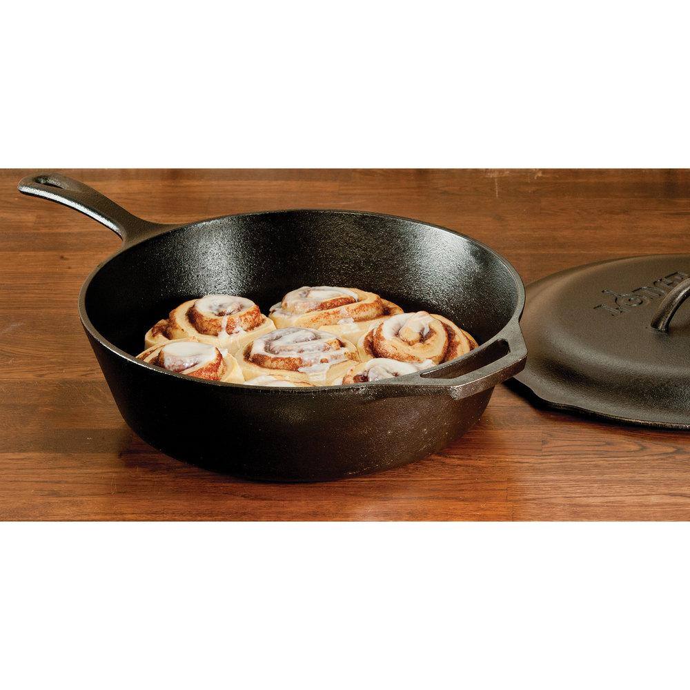 Lodge 12 in. Cast Iron Deep Skillet in Black with Lid