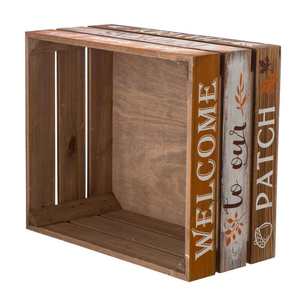 Glitzhome Wooden Pumpkin Crate, L:13.94 in. L, 12.01 in. W, 6.89 in. H, S:11.97 in. L,10.00 in. W, 6.77 in. H Set of 2