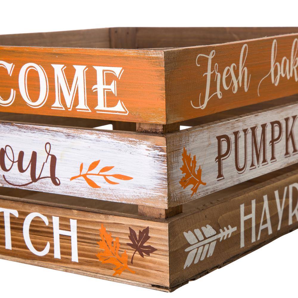 Glitzhome Wooden Pumpkin Crate, L:13.94 in. L, 12.01 in. W, 6.89 in. H, S:11.97 in. L,10.00 in. W, 6.77 in. H Set of 2