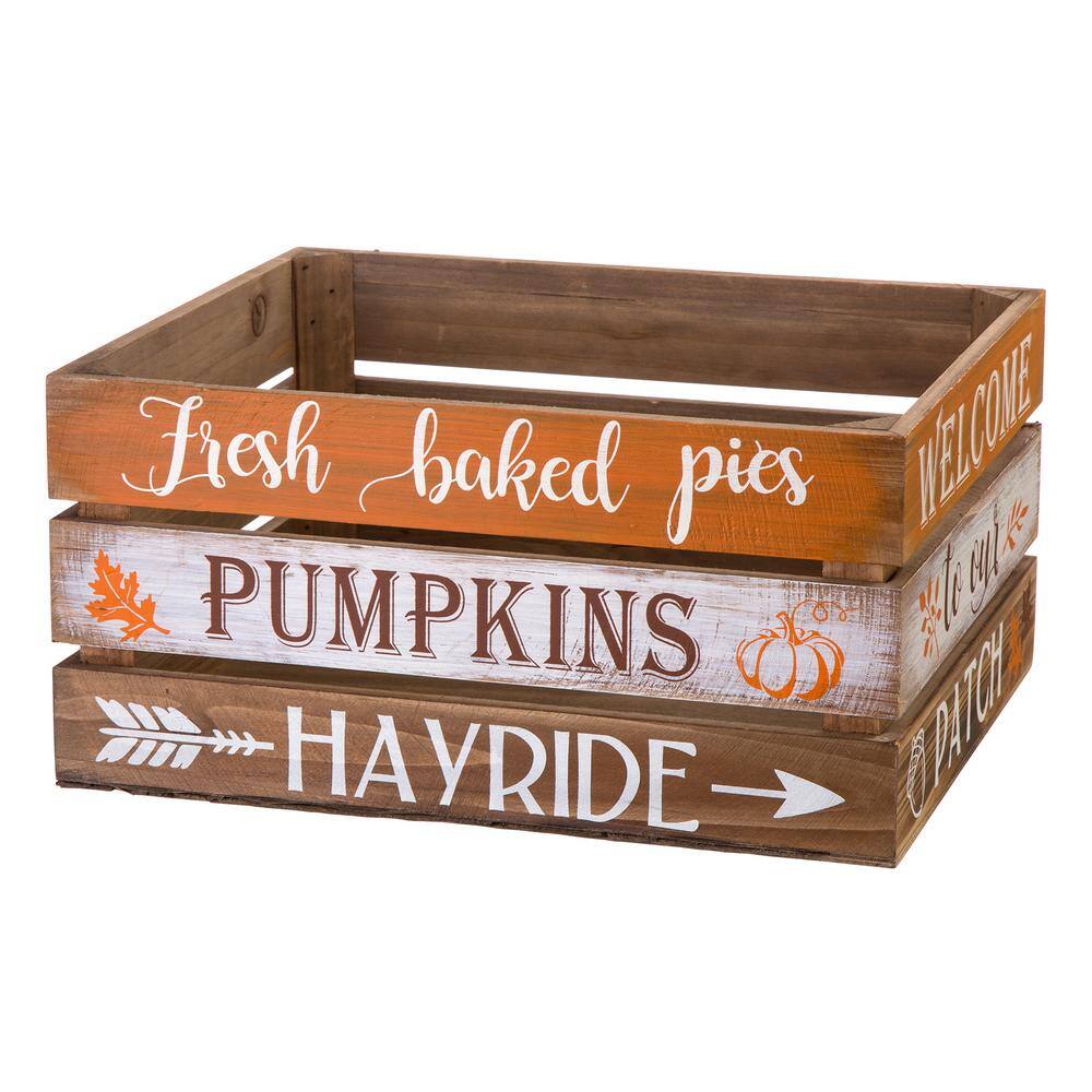 Glitzhome Wooden Pumpkin Crate, L:13.94 in. L, 12.01 in. W, 6.89 in. H, S:11.97 in. L,10.00 in. W, 6.77 in. H Set of 2