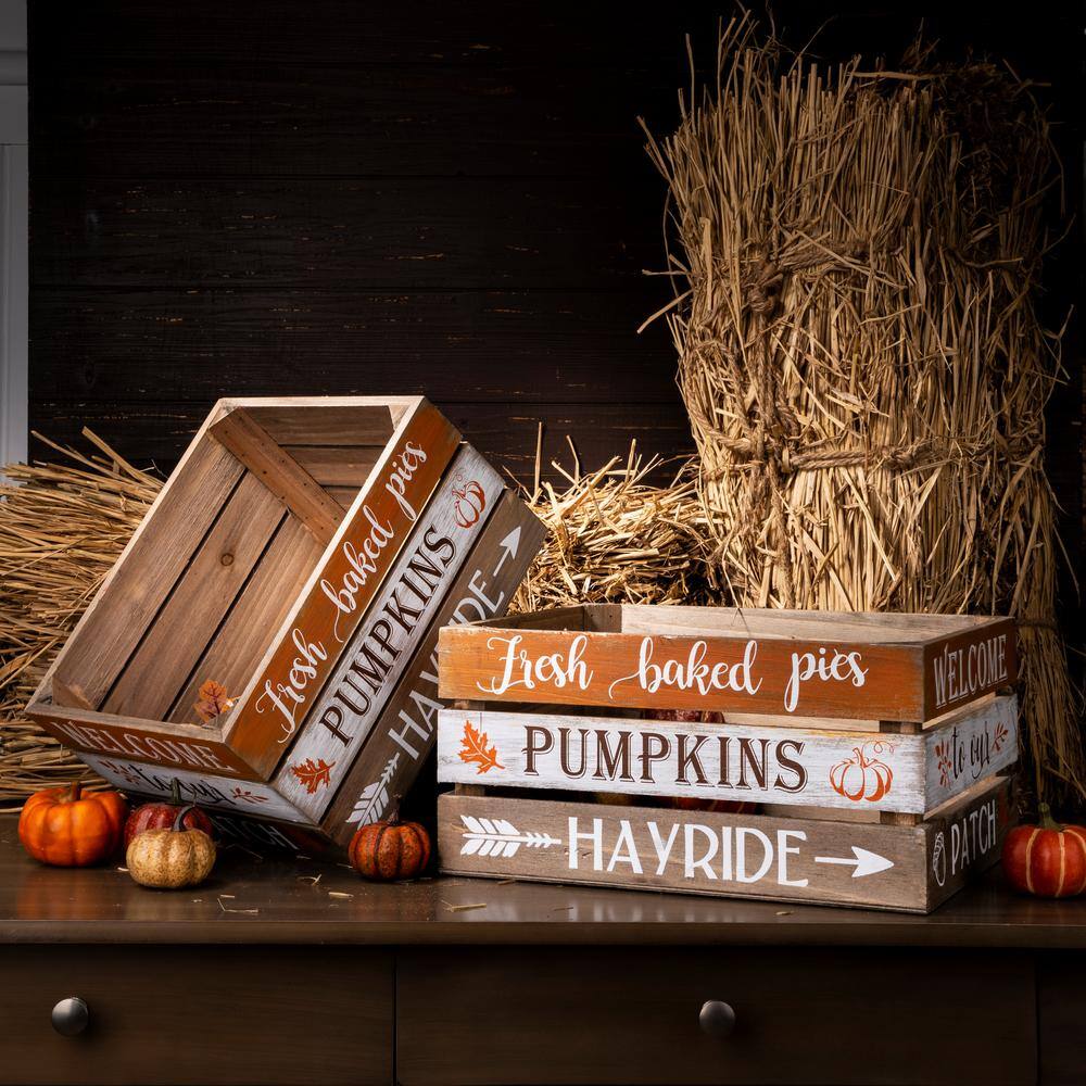 Glitzhome Wooden Pumpkin Crate, L:13.94 in. L, 12.01 in. W, 6.89 in. H, S:11.97 in. L,10.00 in. W, 6.77 in. H Set of 2