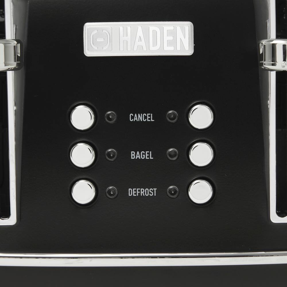 HADEN Heritage 1500-Watt 4-Slice Black and Chrome Wide Slot Retro Toaster with Removable Crumb Tray and Browning Control