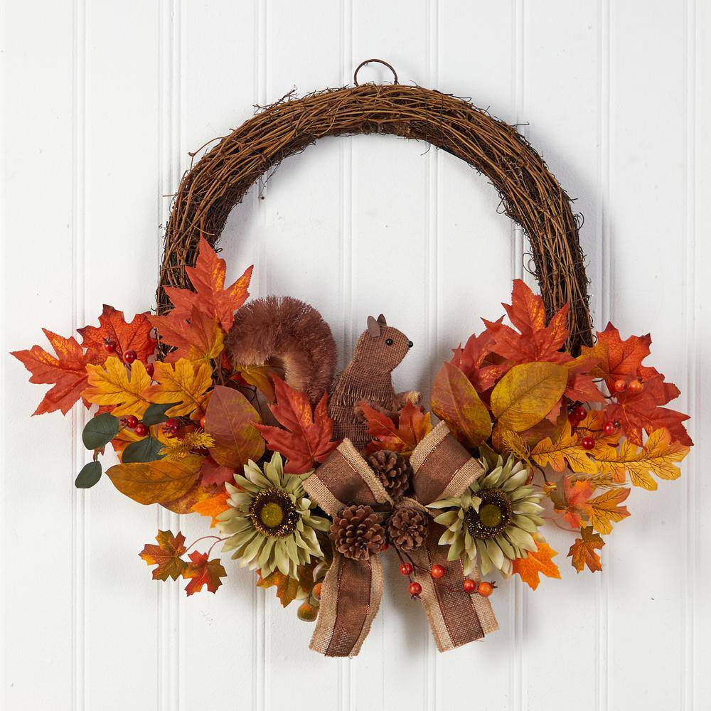 Nearly Natural 26 in. Orange Fall Harvest Artificial Autumn Wreath with Twig Base and Bunny