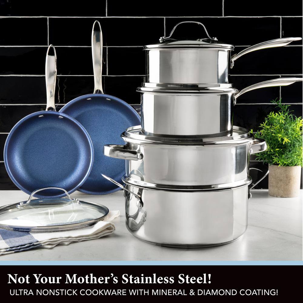 GRANITESTONE Classic Blue 10-Piece Stainless Steel Tri-Ply Nonstick Diamond Infused Coating Cookware Set