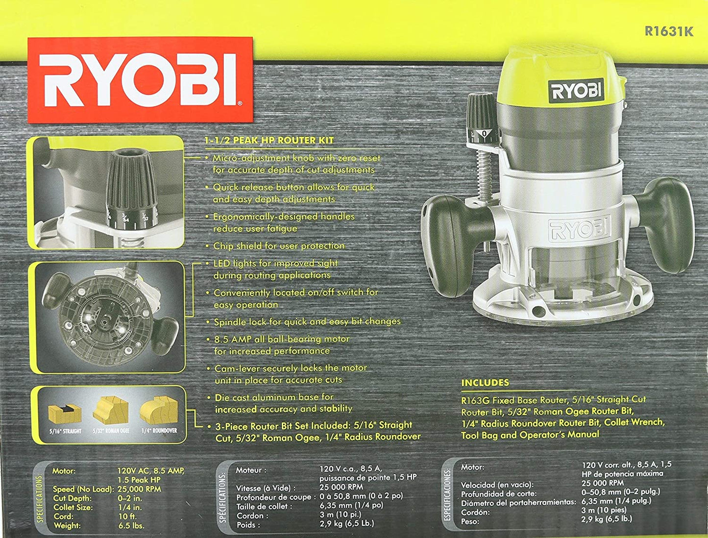 RYOBI 8.5 Amp 1-1/2 Peak HP Fixed Base Corded Router