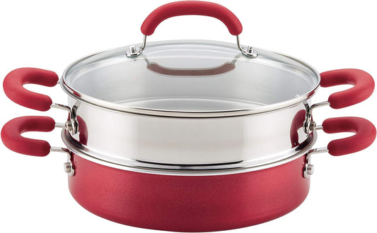 Rachael Ray 3 qt. Create Delicious Aluminum Nonstick Steam Set, Red Shimmer