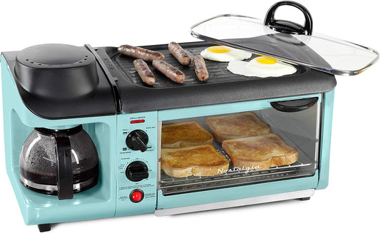 Nostalgia Retro 3-in-1 Aqua Electric Breakfast Station,With Non Stick Die Cast Grill/Griddle,4 Slice Toaster Oven and Coffee Maker