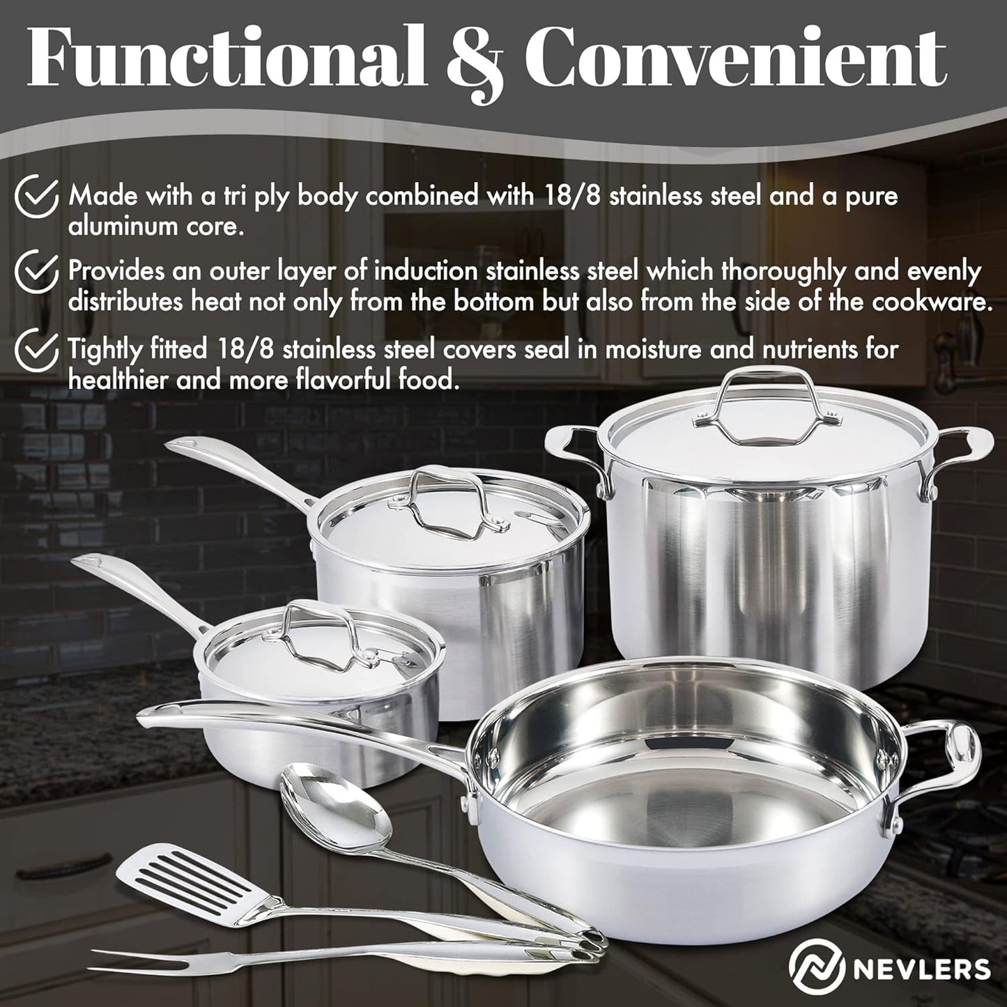 Nevlers 10-Piece Premium Grade Stainless Steel Cookware Set with Lids