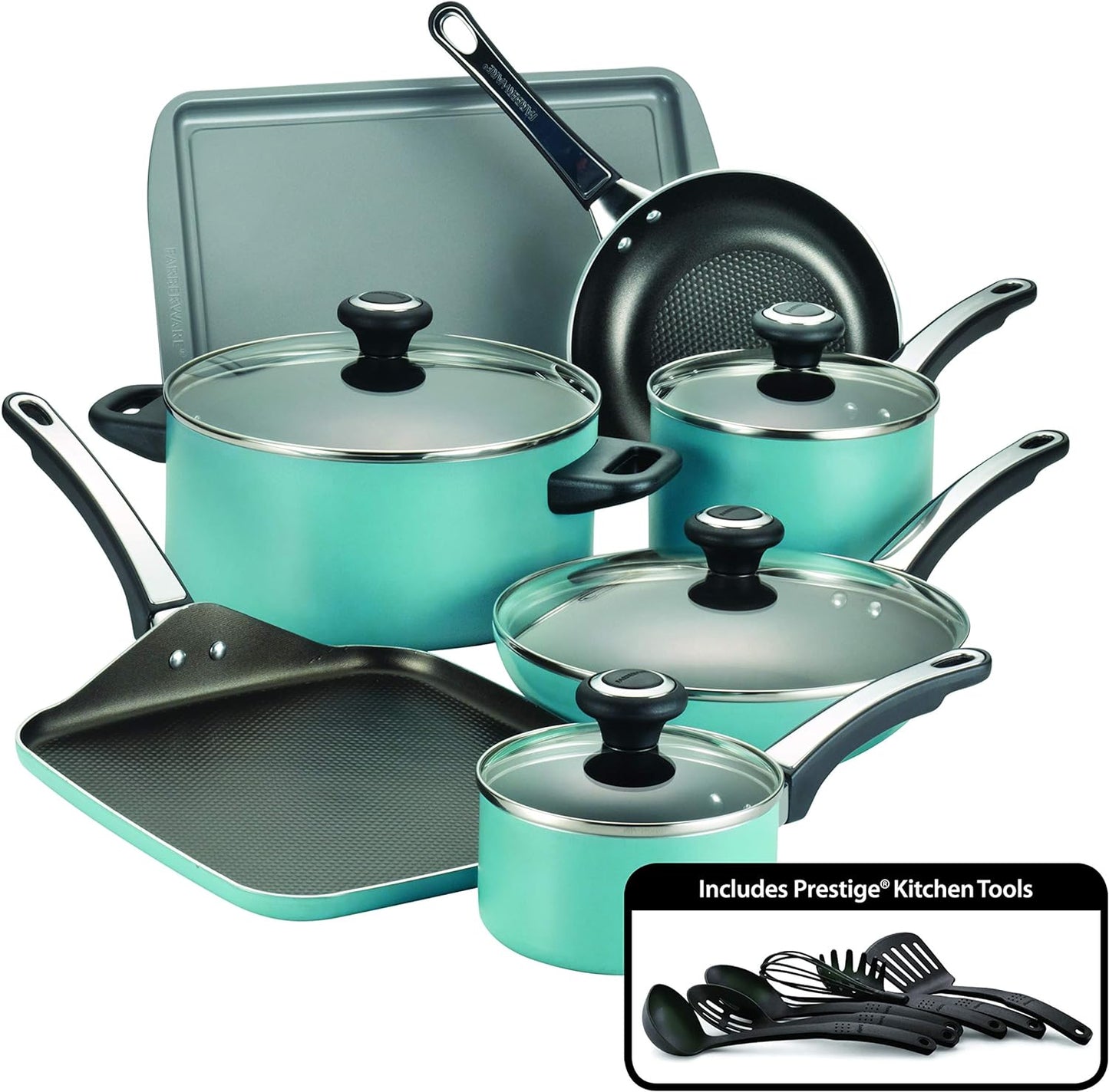 Farberware High Performance 17-Piece Aluminum Nonstick Cookware Set in Aqua