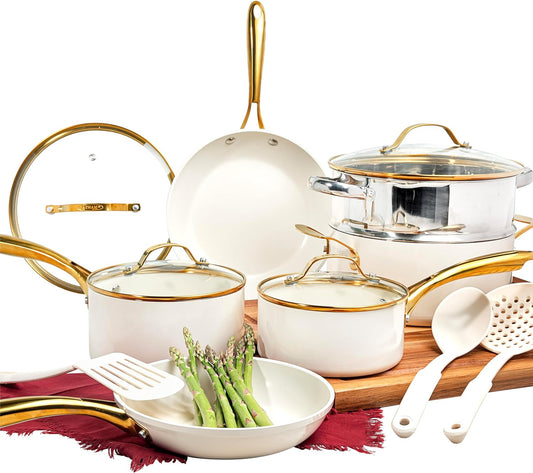 Gotham Steel Natural Collection 15-Piece Aluminum Ultra Performance Ceramic Nonstick Cookware Set in Cream with Gold Handles