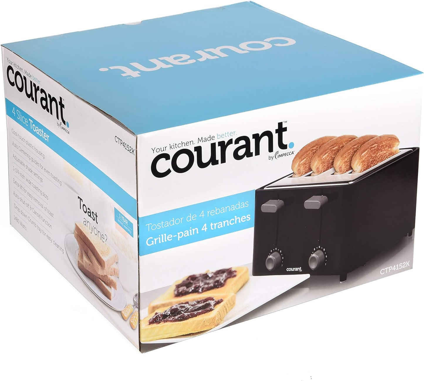 Courant 1480-Watt 4-Slice Black and Stainless Toaster with Drop Down Crumb Tray