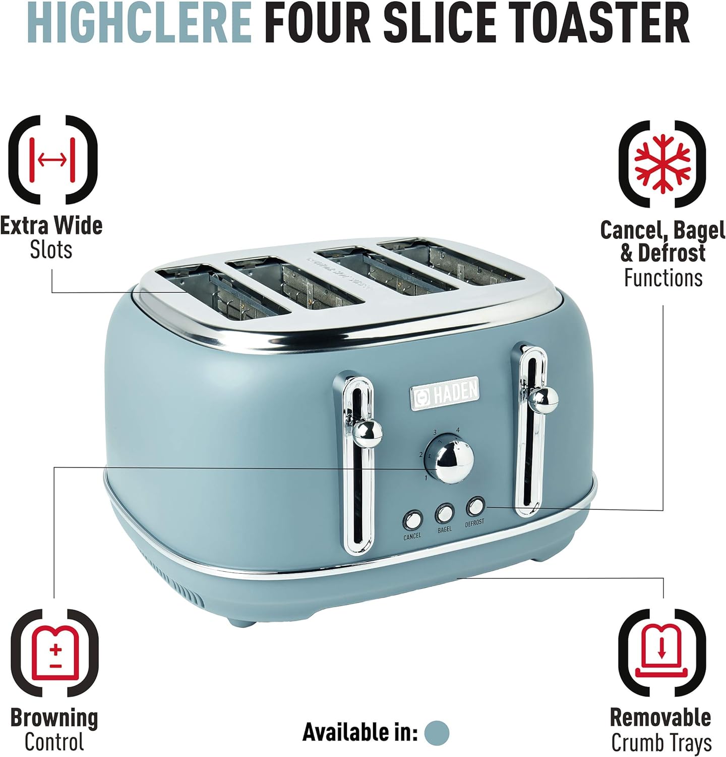 HADEN Highclere 4-Slice, Wide Slot Pool Blue Retro Toaster with Removable Crumb Tray and Adjustable Settings