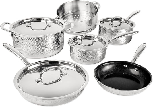 GRANITESTONE Hammered 10-Piece Stainless Steel Tri-Ply Nonstick Ultra Premium Ceramic Cookware Set