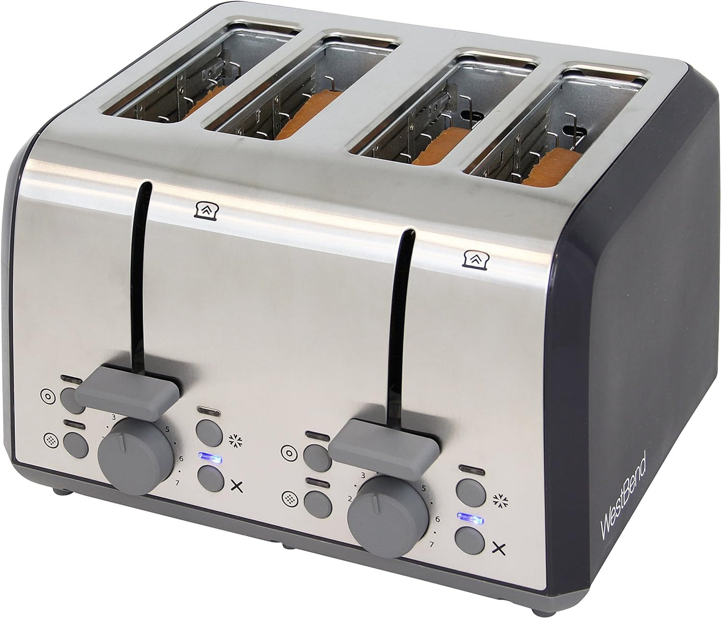 West Bend 4-Slice Silver Extra Wide Slot Toaster with Bagel Settings Ultimate Toast Lift and Removable Crumb Tray