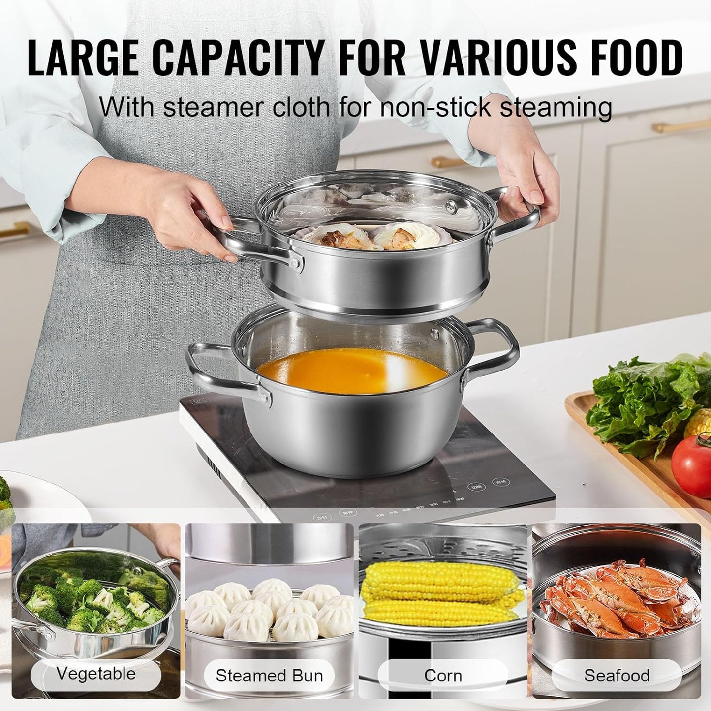 VEVOR Steamer Pot 9.5 in. Steamer Pot for Cooking with 5 qt. Stock Pot and Vegetable Steamer Stainless Steel Food Steamer