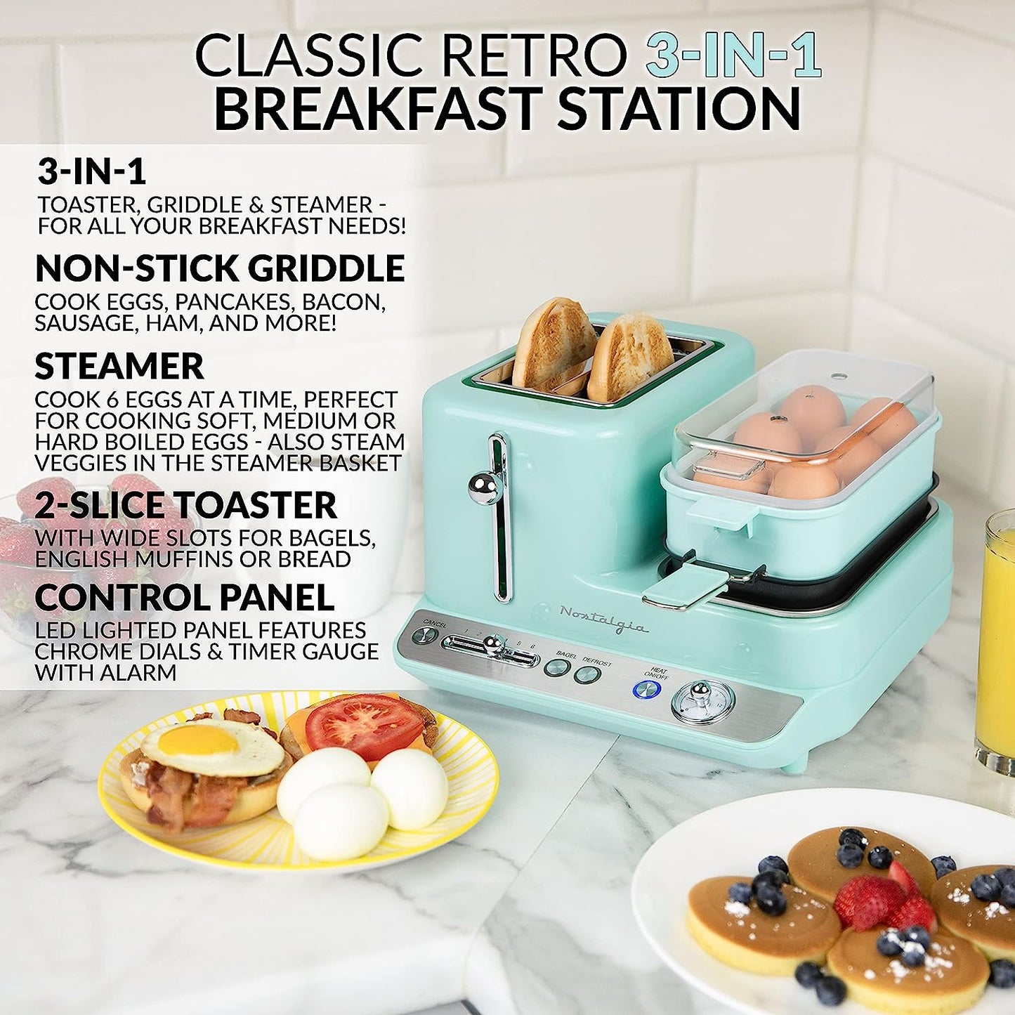 Nostalgia 1500-Watt 2-Slice Aqua Toaster with Non-Stick Griddle