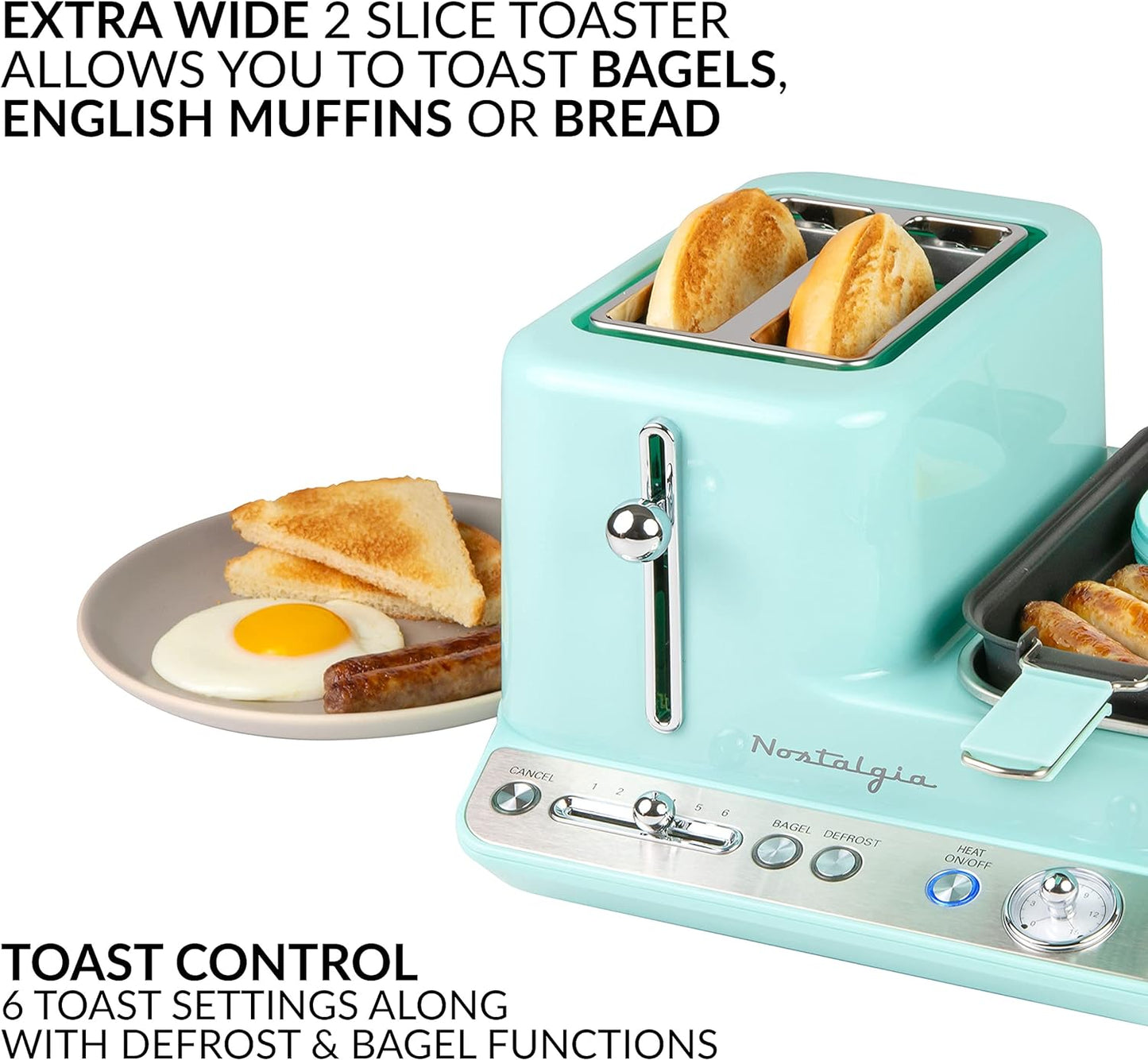 Nostalgia 1500-Watt 2-Slice Aqua Toaster with Non-Stick Griddle