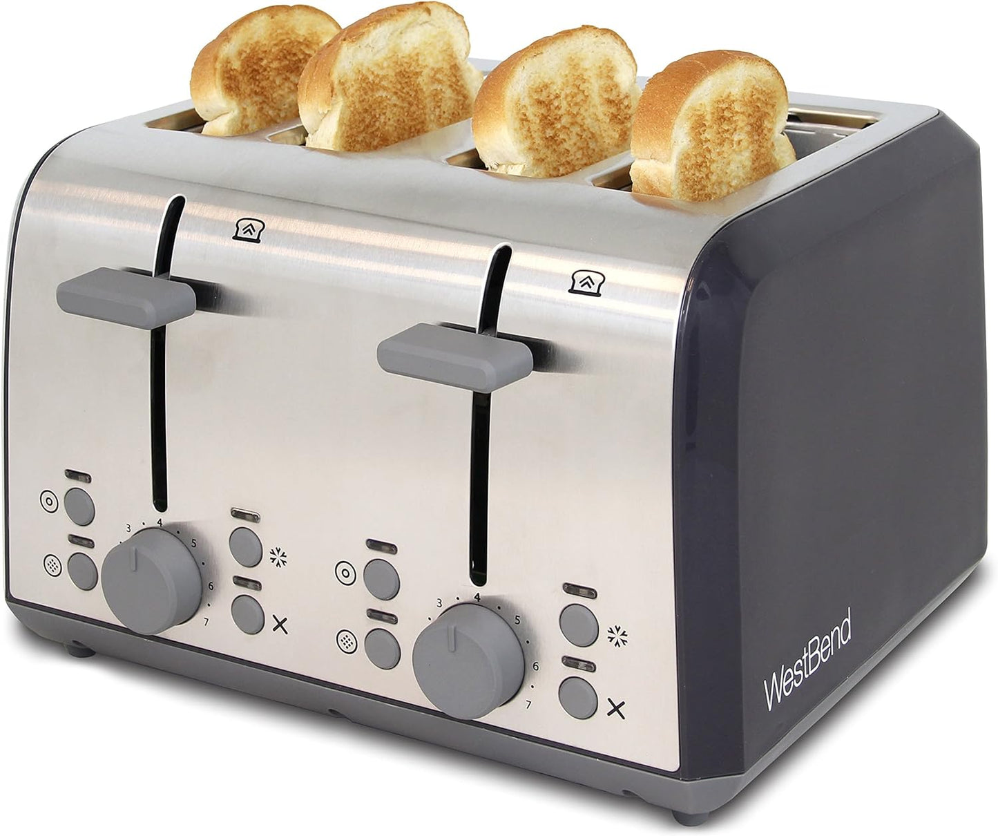 West Bend 4-Slice Silver Extra Wide Slot Toaster with Bagel Settings Ultimate Toast Lift and Removable Crumb Tray