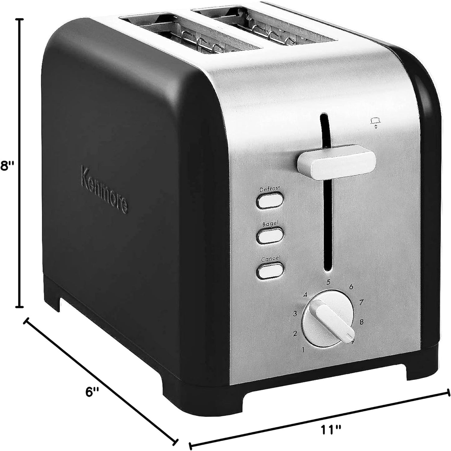 KENMORE 2-Slice Toaster, BlackStainless Steel, Extra Wide Slots, Bagel, Defrost, 9 Shade Settings