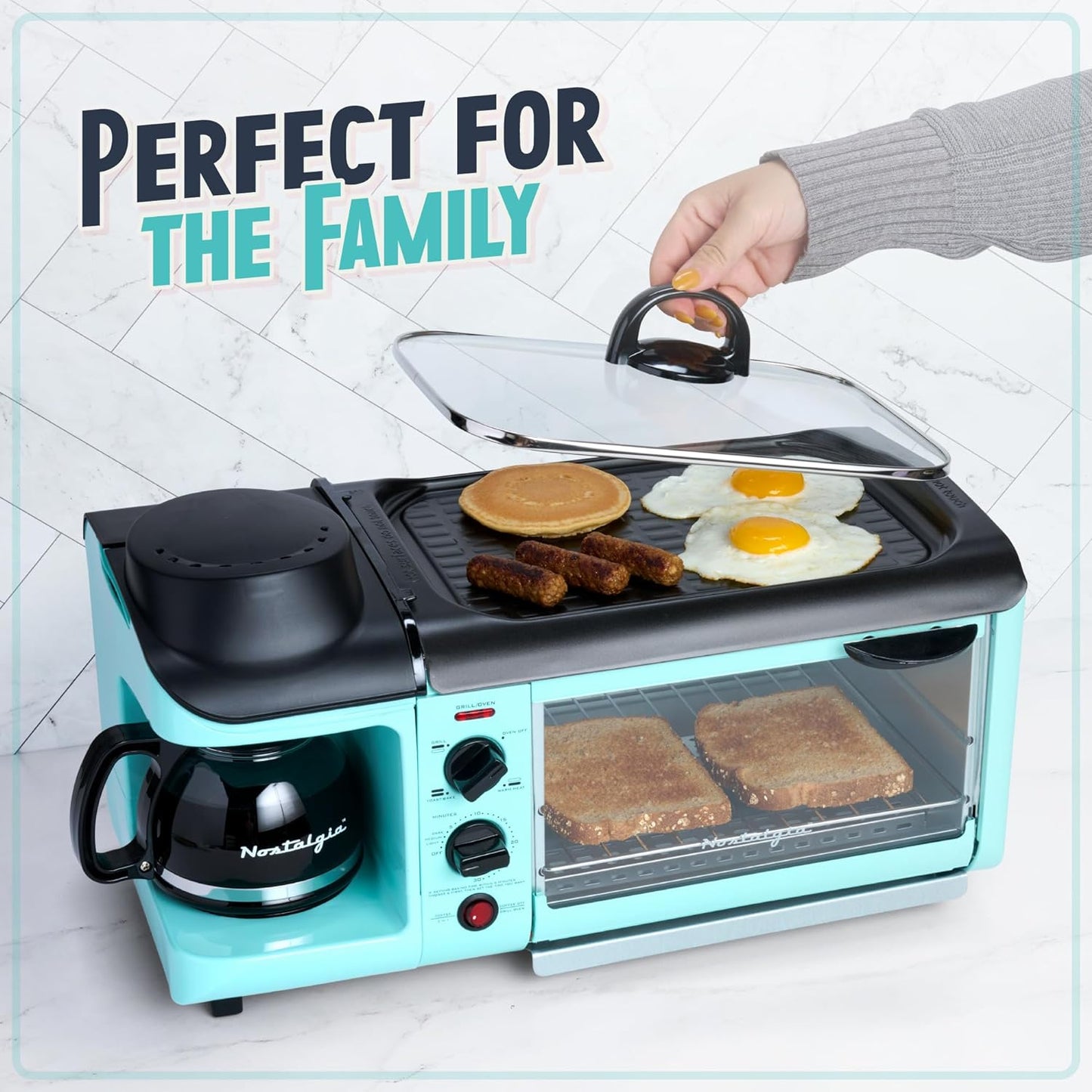 Nostalgia Retro 3-in-1 Aqua Electric Breakfast Station,With Non Stick Die Cast Grill/Griddle,4 Slice Toaster Oven and Coffee Maker