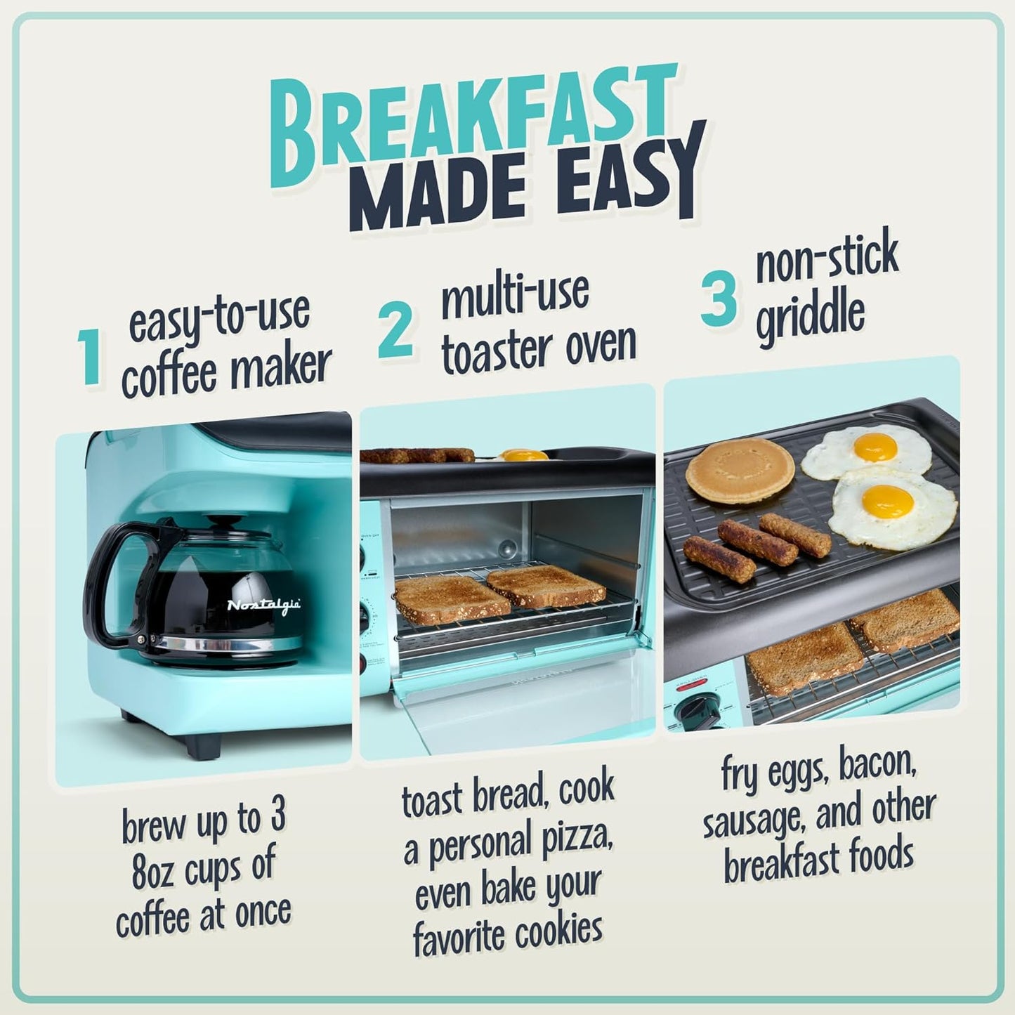 Nostalgia Retro 3-in-1 Aqua Electric Breakfast Station,With Non Stick Die Cast Grill/Griddle,4 Slice Toaster Oven and Coffee Maker