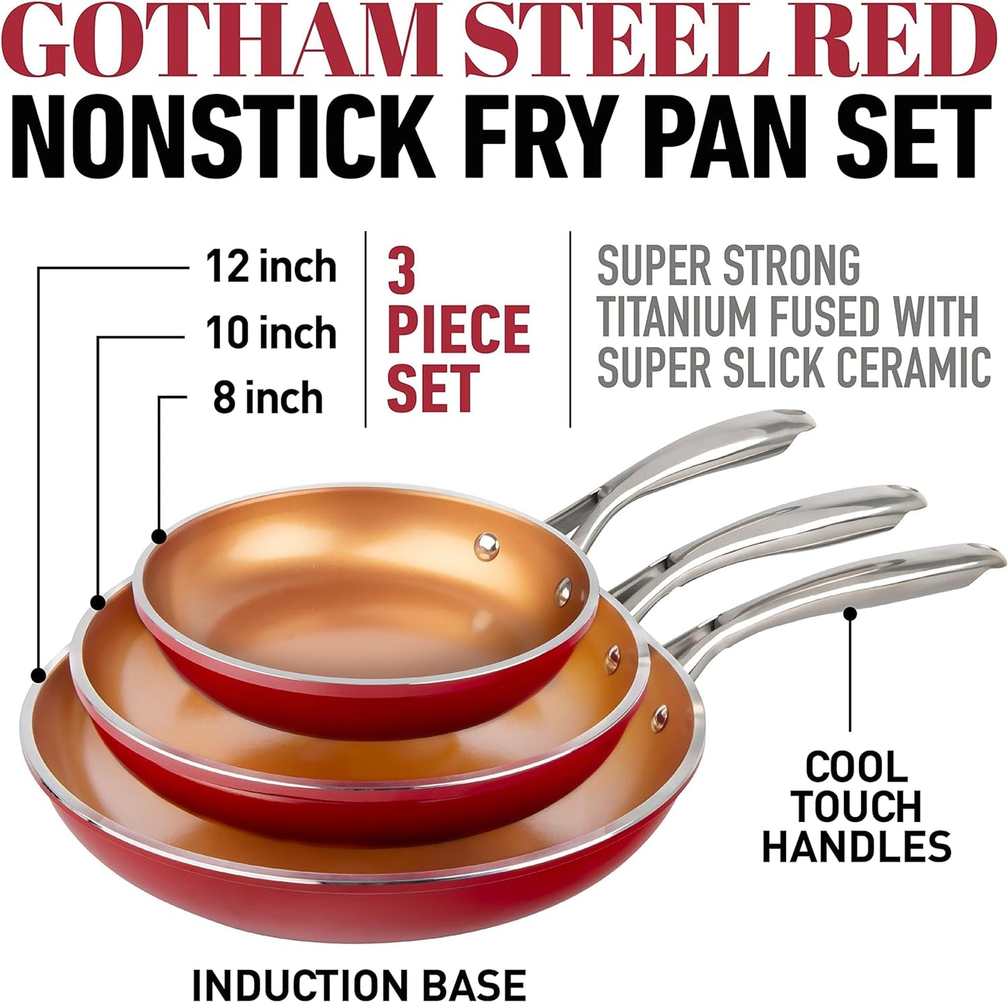 Gotham Steel 3-Piece Aluminum Ti-Ceramic Nonstick Frying Pan Set in Red (8 in., 10 in., and 12 in.)