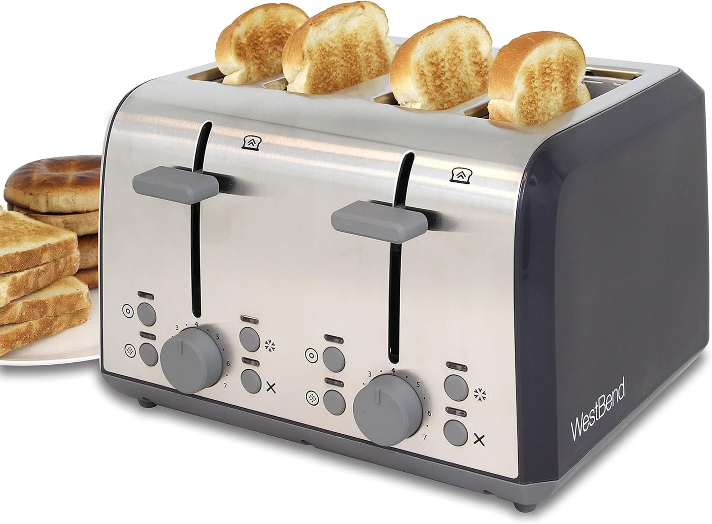 West Bend 4-Slice Silver Extra Wide Slot Toaster with Bagel Settings Ultimate Toast Lift and Removable Crumb Tray