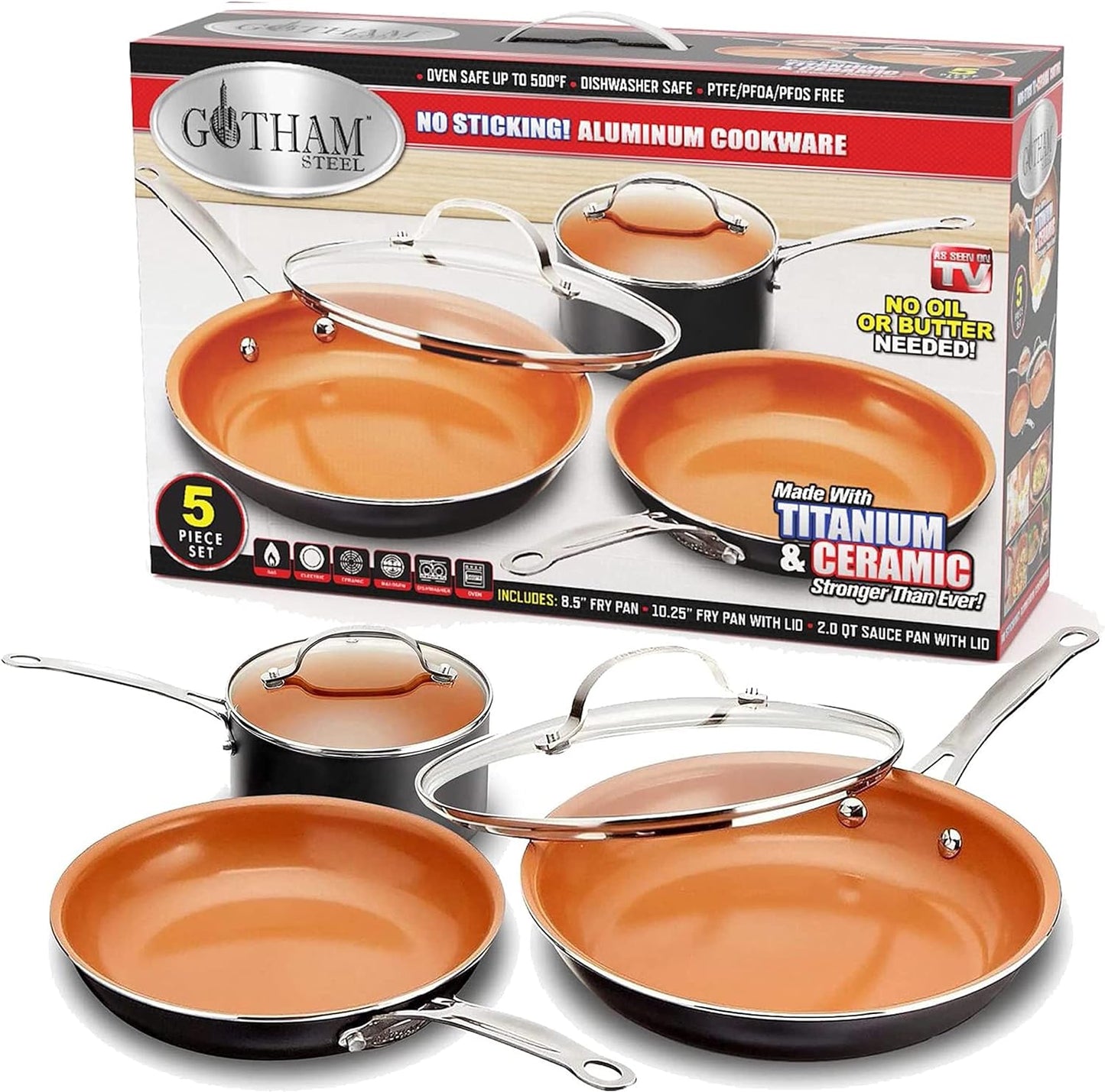 Gotham Steel 5-Piece Aluminum Ti-Ceramic Nonstick Round Cookware Set with Lids in Graphite