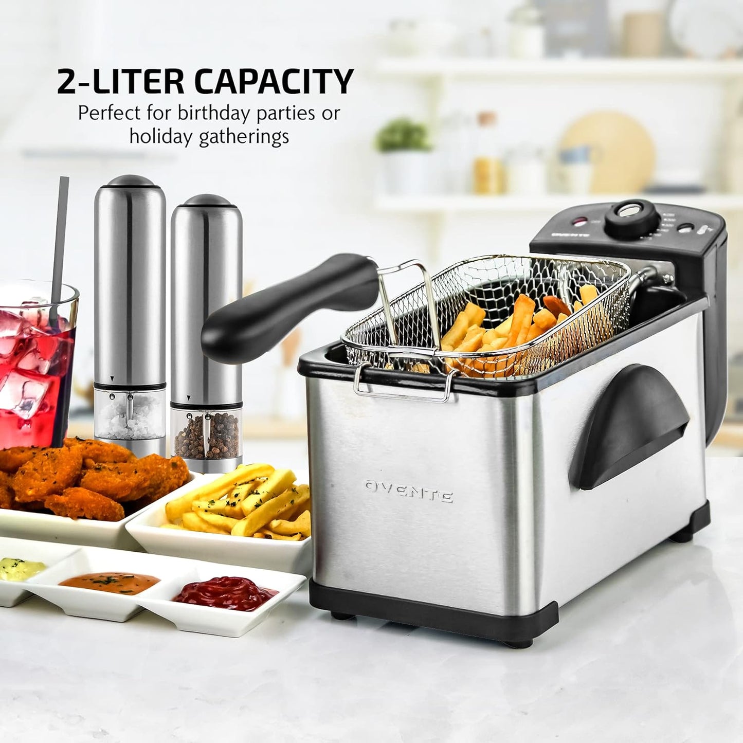 OVENTE 2.11 Qt Silver Electric Deep Fryer with Removable Frying Basket