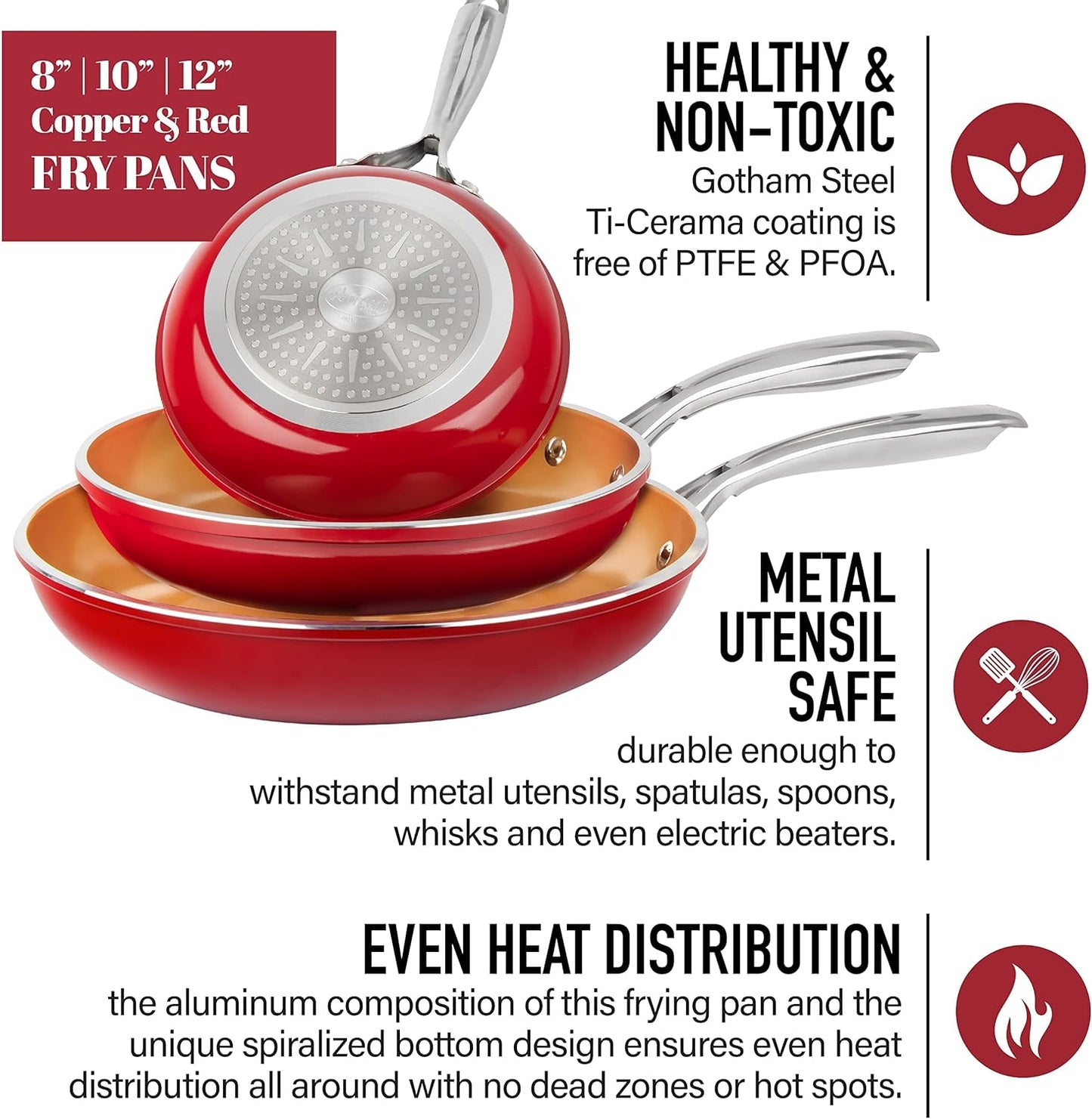 Gotham Steel 3-Piece Aluminum Ti-Ceramic Nonstick Frying Pan Set in Red (8 in., 10 in., and 12 in.)