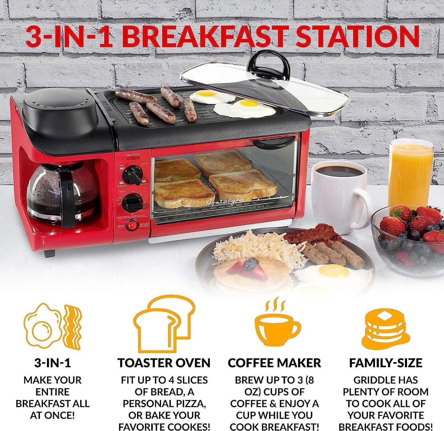 Nostalgia 1500 W 4-Slice Red Toaster Oven Breakfast Station