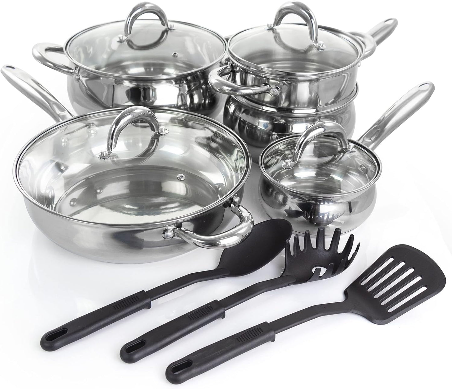 Gibson Home Ancona 12-Piece Stainless Steel Belly Shaped Cookware Set with Kitchen Tools