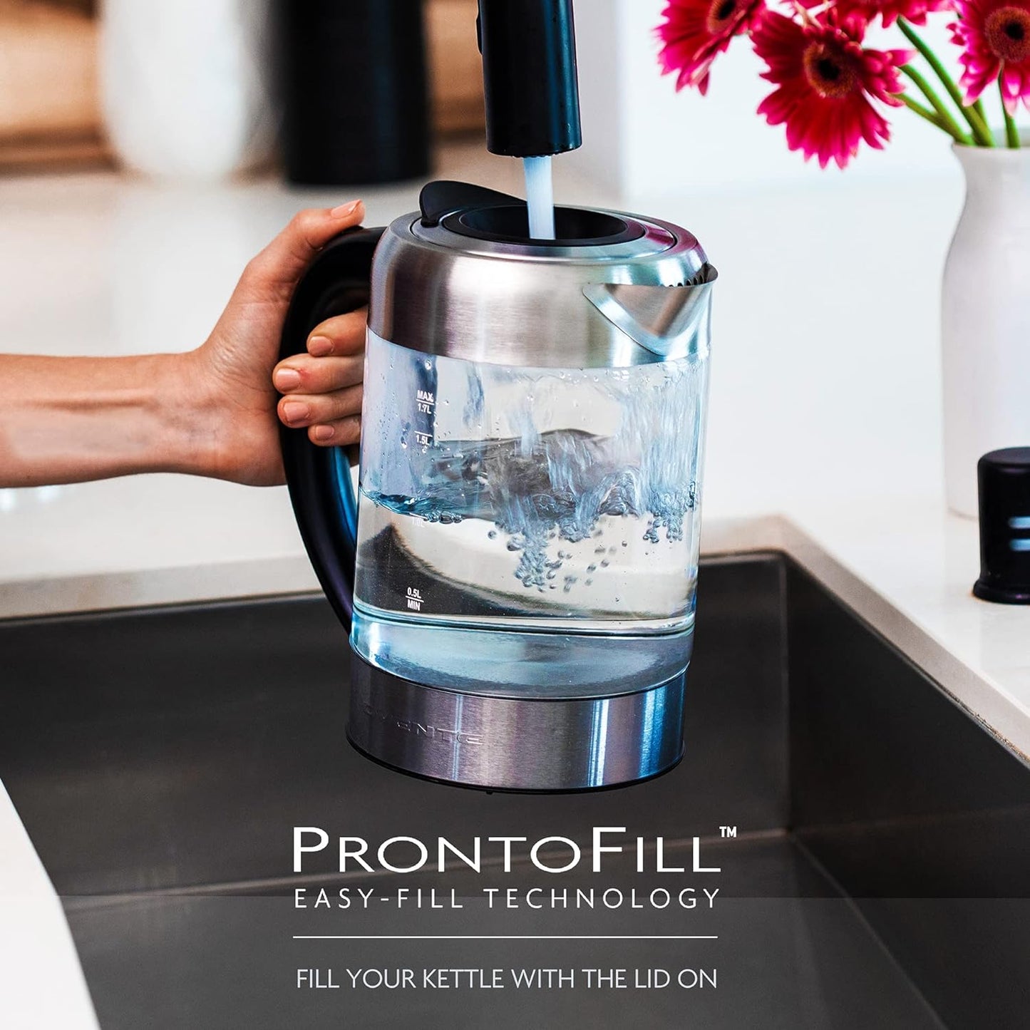 OVENTE 7-Cup 1.7 l Silver Glass Electric Kettle with ProntoFill Technology-Fill Up with Lid On