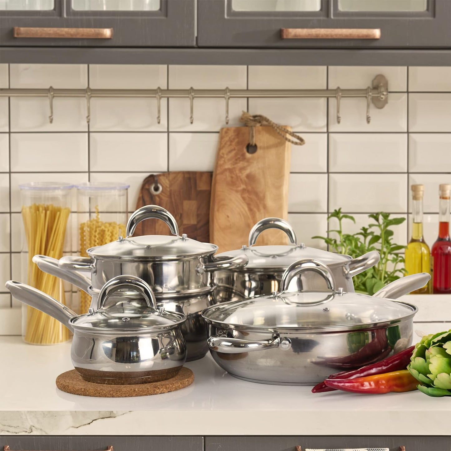 Gibson Home Ancona 12-Piece Stainless Steel Belly Shaped Cookware Set with Kitchen Tools