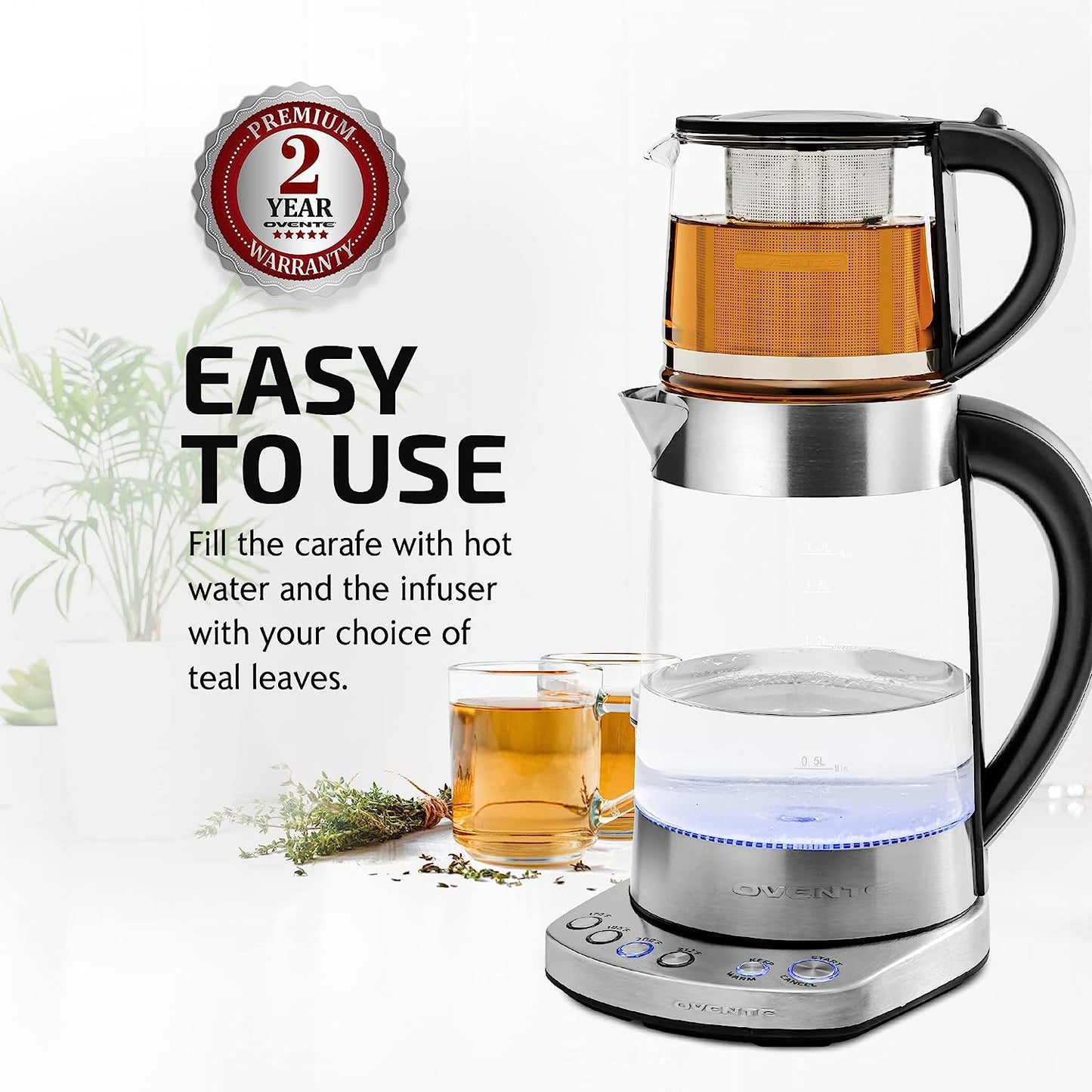 OVENTE 7.2-Cup Stainless Steel Electric Glass Kettle with ProntoFill Technology and 27-Oz. Reusable Teapot with Infuser, Bundle